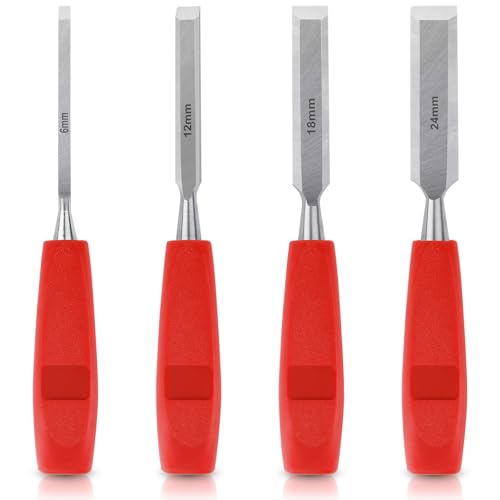 4 Stück Stechbeitel Set für Holz Stemmeisen für Holzarbeiten DIY Meißel Set mit angelassener Schneide Schreinerbeitel-Set mit rutschfestem Langgriff Holzmeißel für Verbindungen Bildhauerei