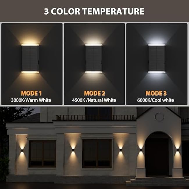 Solar Wall Light Outdoor,3000/4000/6000K 3 Modes Dusk to Dawn Lighting Wall Sconce IP67 Waterproof Up and Down Solar Lights Outdoor for House, Garage, Porch,Doorway (2 Pack)