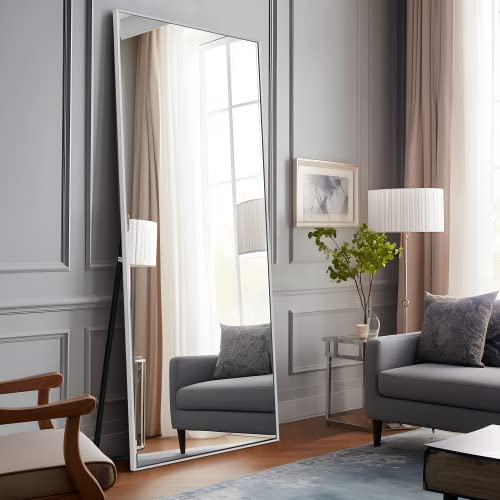 Image of NeuType Full Length Mirror, 65 inch x 22 inch Aluminum Alloy Frame Floor Mirror with Stand, Mirror Full Length, Free Standing or Wall Mounted or Leaning Against Wall, Brushed Silver