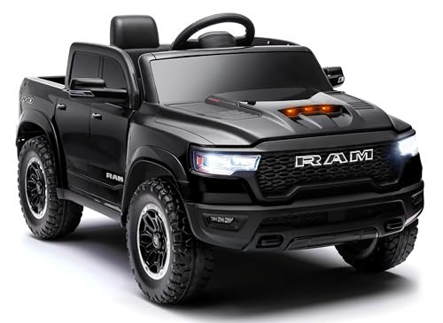 ENYOPRO 12V Licensed Ram 1500 RHO Ride On Car for Kids, Electric Car for Toddlers w/Parent Remote Control, Power Motor & Durable Wheels, Soft Start, Bluetooth, LED Lights, Truck Bed Storage, Black