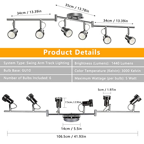 Depuley Modern 6-Light Led Track Lighting Fixtures, Directional Kitchen Ceiling Spotlight, Flush Mount Foldable Track Light Kit For Living Room Dining Room Office, Rotatable Heads, Swing Arms #TOP3