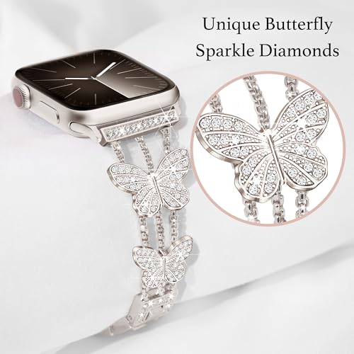 Image of Butterfly Band for Apple Watch Bands 44mm 45mm 46mm Starlight | Series 11 10 9 8 7 6 5 4 3 iWatch SE Ultra Band for Women, Slim Thin Metal Fancy Bling Dressy Strap for Apple Watch Band
