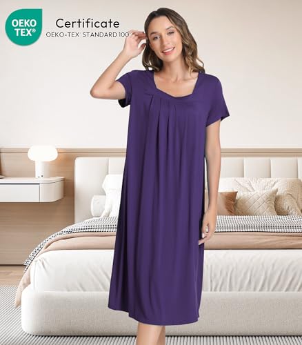 Image of NACHILA Women's Bamboo Viscose Nightgown Cooling Short Sleeve Sleepshirts | Tagless design, Stretchy nightshirt, Anti-pilling, Shrink-resistant, Lightweight moisture-wicking sleepwear for night sweats