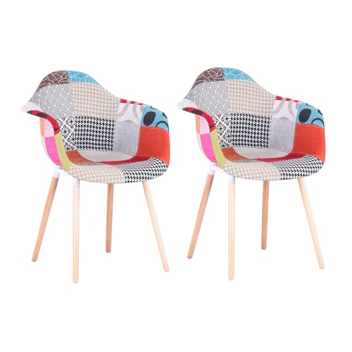 BenyLed Juego de 2 Sillas de Comedor, Sillas de Cocina con Apoyabrazos y Patas de Madera de Haya, Sillas Patchwork para Comedor, Salón, Dormitorio, etc. (Rojo)