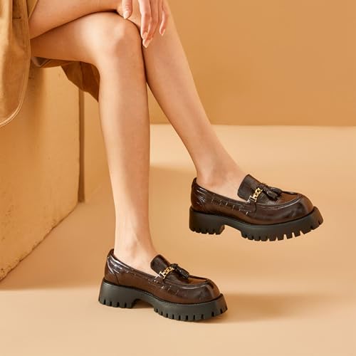 Image of BEAU TODAY Chunky Loafers for Women,Womens Platform Loafer Shoes,Chunky Heel Lug Sole Slip-on Metal Chain Shoes,Comfort Round Toe Business Work Office Shoes
