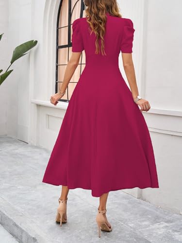 Image of Shasmi Girl's & Women's Solid Color V-Neck A-Line Maxi Dress for Women | New Year Party Outfit | Waist Cinched Puff Sleeve Western | Elegant Casual Wear (Dress 246)