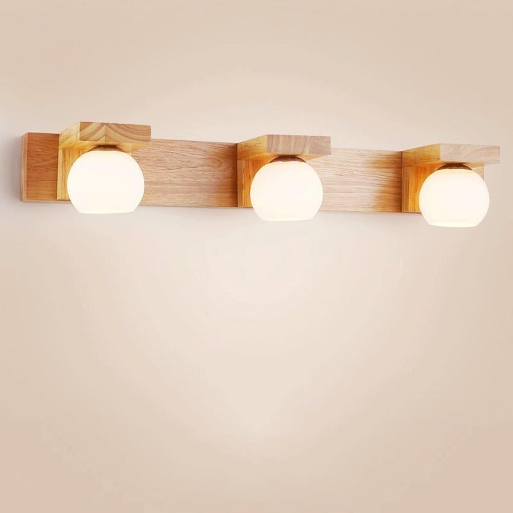 BLOOHK Modern Wood Wall Sconce, Japandi Bathroom Vanity Light with Globe Glass Shades, Nordic Minimalist Wall Mounted Lamp for Mirror, Bedroom, Hallway(Three Heads)