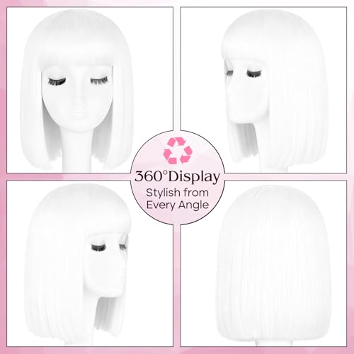 Image of PLULON White Bob Wig with Bangs, Short Straight Bob Wig with Heart Sunglasses 12 Inch Shoulder Length Heat Resistant Synthetic Hair for Women Natural Look Daily Use Cosplay Halloween Costume Party