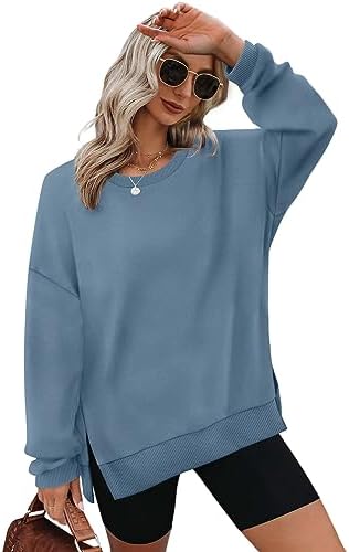 Aokosor Sweatshirts for Women Oversized Jumpers Ladies Tops Crewneck Long Sleeve Tops Side Split