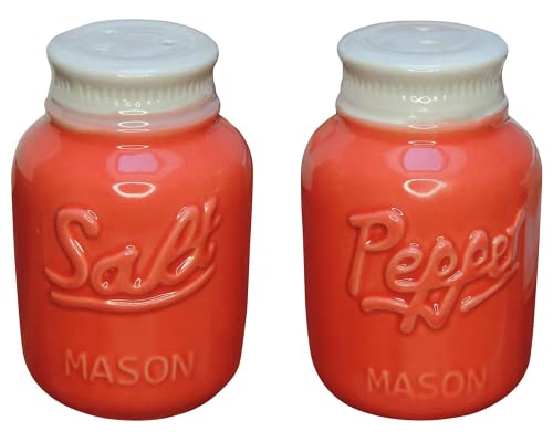 Vintage Mason Jar Salt & Pepper Shakers Adorable Decorative Mason Jar Decor for Vintage, Rustic, Shabby Chic - Sturdy Ceramic in Coral - 3.5 oz. Cap.