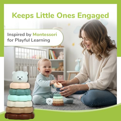 Image of R for Rabbit Orapple Teddy Stacker Stacking Rings Toy Sorting Tower Game Smooth Rounded Edges BPA Free Educational Interactive Learning Toys for Kids Baby Girls Boys (Grey Teddy)