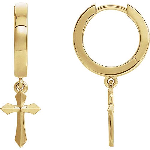 Solid 14k Yellow Gold Cross Crucifix Drop Stud Earrings (20mm x 2.4mm)