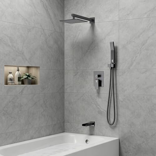 Image of SR SUN RISE 8 Inch All Metal Square Shower System with Tub Spout, Tub Shower Faucet Set, High Pressure Rain Shower Head and Handheld Sprayer Shower Fixtues, Valve Included, Matte Black