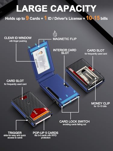 Image of Wallet for Men, Slim Minimalist Wallet with Money Clip＆ID Window, RFID Blocking Pop-Up Credit Card Holder, Smart Auminum Mens Wallet Holds 9-13 Cards (Gift Box) (Carbon Fiber & Blue)