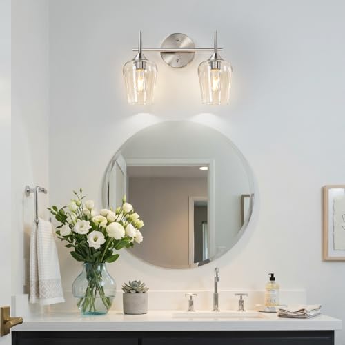 Image of MOKATNG 2-Light Bathroom Light Fixtures, Brushed Nickel Vanity Lights for Bathroom with Clear Glass, Bathroom Lighting Fixtures Over Mirror, Modern Wall lamp for Cabinet Hallway