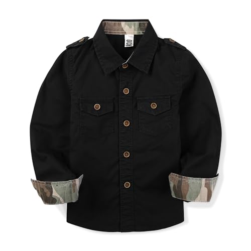 Image of Toddler Little Boys Button Down Long Sleeve Shirt Uniform Army Scout Casual Fall Top with Pocket