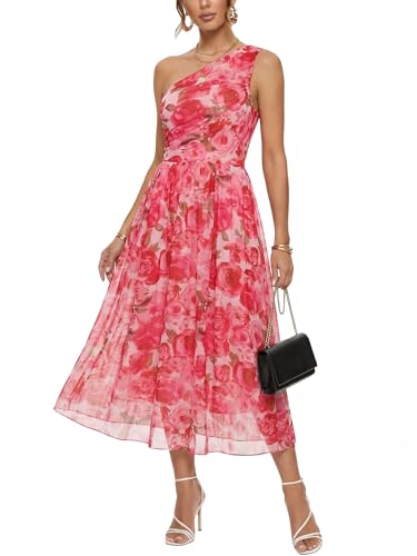 Womens One Shoulder Midi Pink Floral Dress Sleeveless Asymmetric Dress L