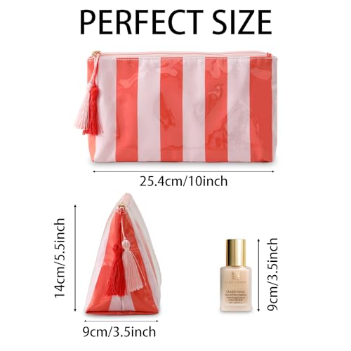 DYSHAYEN Makeup Bags for Purse,Small Clear Coated Cosmetic Bags for Women Girls, Waterproof Travel Organizer Zipper Pouch Beach Vacation Essentials (Pink-Orange)4
