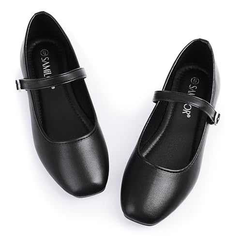 Samilor Women's Mary Jane Flats: Square Toe Memory Foam Slip-Resistant Work Shoes for Business Women & Teachers, Elegant and Comfortable (Black/Brown)