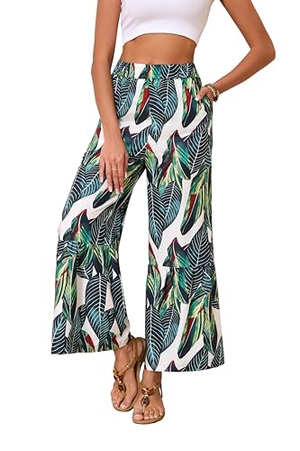 Wide Leg Pants for Women Elastic High Waisted Floral Trousers Beach Summer Casual with Pockets Lounge Palazzo Pants