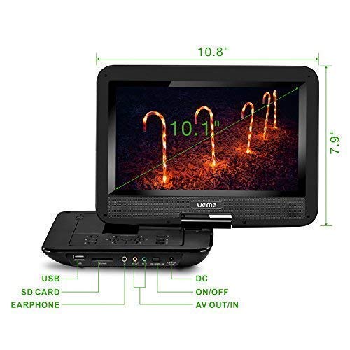 UEME DVD Player Portable with 10.1 Inch Swivel Screen, with Car Headrest Mount Holder, Remote Control, Car Charger, Power Adaptor, Built-in Rechargeable Battery, Region Free Players (Black)