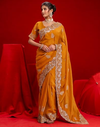 Image of SIRIL Women's Shimmer Chiffon Sequence Embroidery Saree With Unstitched Blouse Piece for Wedding and Parties