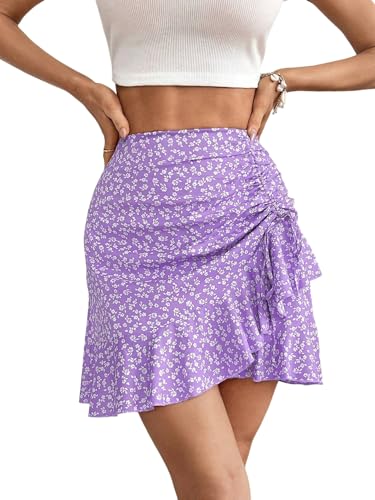 EARKOHA 2025 Skirts for Women Ditsy Floral Print Drawstring Ruffle Hem Skirt Purple S