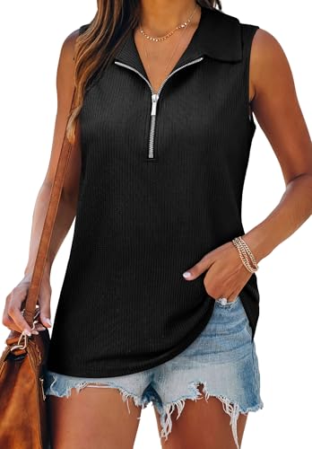 XIEERDUO Womens Summer Tops V Neck Collared Shirts Dressy Casual Ribbed Tank Top with Zipper Loose Fit4