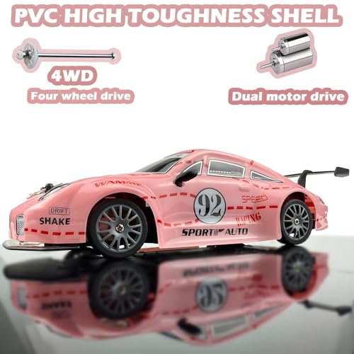 Image of Remote Control Drift Car for Kids and Adults, High Speed 4WD RC Racing Car with LED Lights, Rechargeable Battery and 2.4GHz Controller for Indoor Outdoor Play (Pink)
