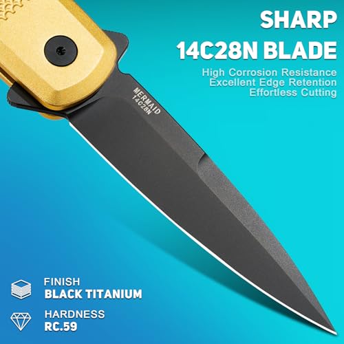 Image of NedFoss MERMAID II Pocket Knife, 3.18 inch 14C28N Steel Small EDC Button Lock Knife with Aluminum Handle and Deep Pocket Clip, Perfect Folding Knife for Men Women (Golden)
