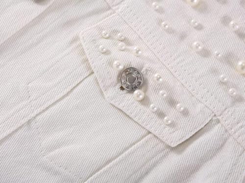 Womens Solid Color Long Sleeve Denim Jacket Pearls Beading Jean Jacket Coat 6