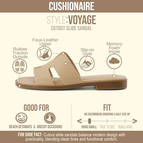 Image of CUSHIONAIRE Voyage Cutout Strap Slides for Women, Slip On Summer Flats, Trendy Footwear, Memory Foam Vegan Leather Comfortable Vacation Style Sandals