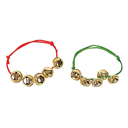 The Dreidel Company Christmas Jingle Bells Bracelet, Green & Red Bands with Hanging Jingle Ball Bells (12-Pack)