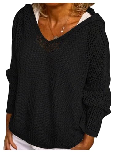 Verdusa Women's Hollow Out Crochet Sweater Long Sleeve Drop Shoulder Loose Pullover Hoodie Knitwear
