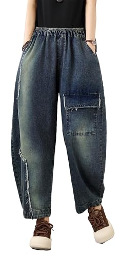 LAI MENG FIVE CATS Women's Baggy Jeans Pattern Elastic Waist Casual Harem Pants Barrel Denim