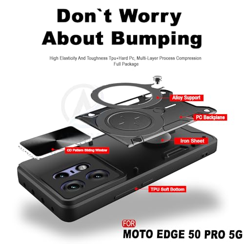 Image of AESTMO Armor Motorola Moto Edge 50 Pro 5G Bumper Back Case Cover | Ring Holder & CD Pattern Sliding Camera Shutter Cover | Back Case Cover for Motorola Moto Edge 50 Pro 5G (Black)