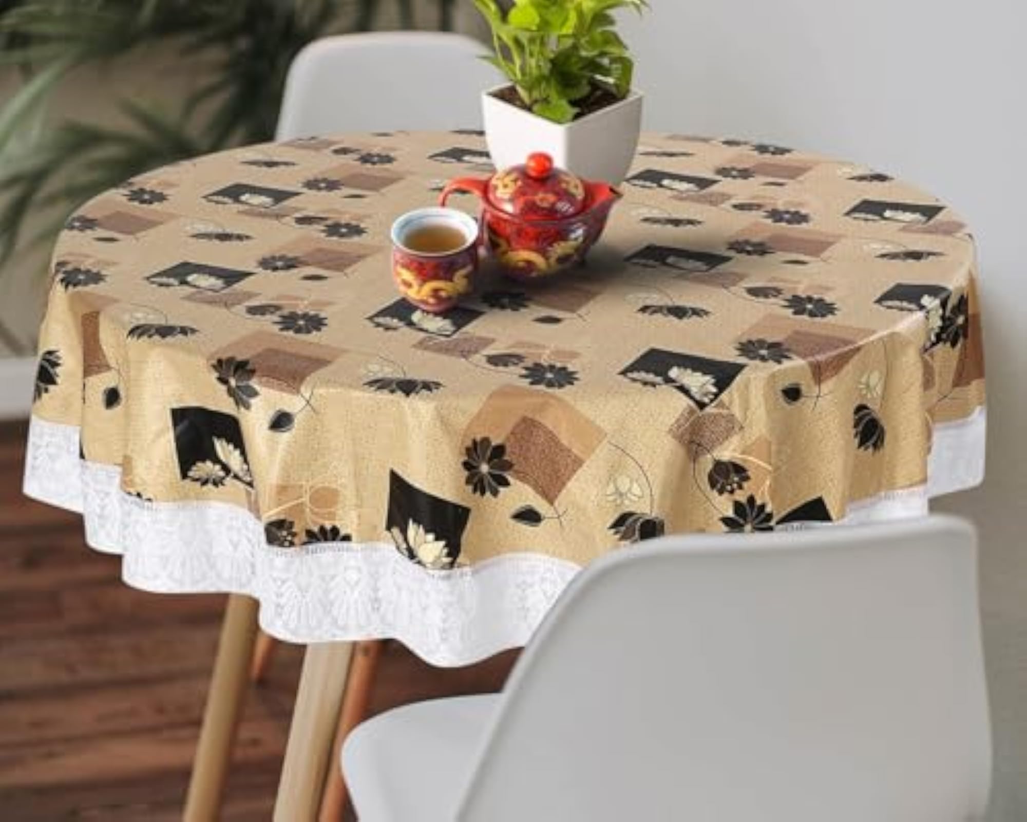 Lotus Flower Print Round Dining Table Cover, Waterproof
