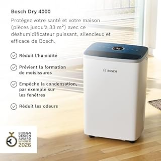 Bosch Dry 4000 - Déshumidificateur - Facile. Efficace. Silencieux. Pour la maison et la chambre - Pour jusqu'à 33m² - Séchage rapide du linge