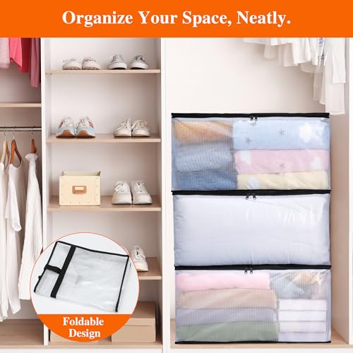 Vieshful 3 Stück 60L Faltbare Aufbewahrungstasche groß aus Transparentem PVC mit Reißverschluss & Griff – Kleideraufbewahrung & Organisation für Kleidung, Bettwäsche, Umzugskartons, Kleiderschrank
