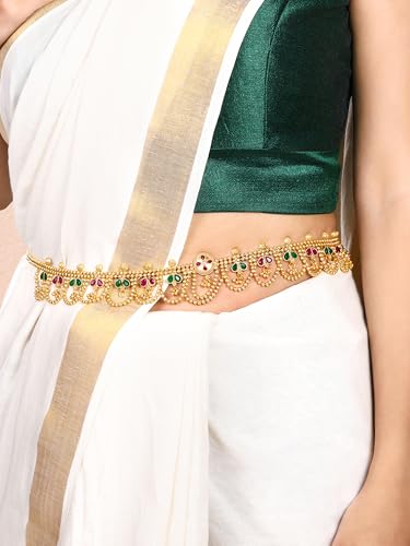 Image of Peora Traditional Gold Plated Rani Pink Green Synthetic Stone Studded Belly Chain Kamarband Ethnic Fashion Jewellery for Girls & Women