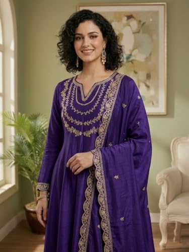 Image of Yashika Women's Silk Blend Embroidered Anarkali Kurta Set with Dupatta | Full Length Ethnic Wear for Women | Wedding