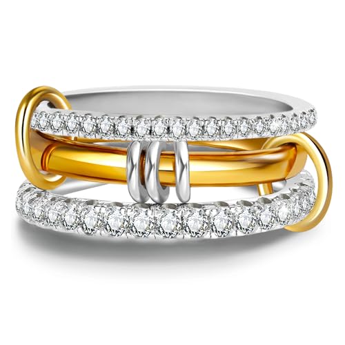 Gold Stackable Rings for Women Non Tarnish, 18k Gold Plated Cubic Zirconia Rings, Silver Gold Multi-link Ring Mixed Metals Stack Rings Set