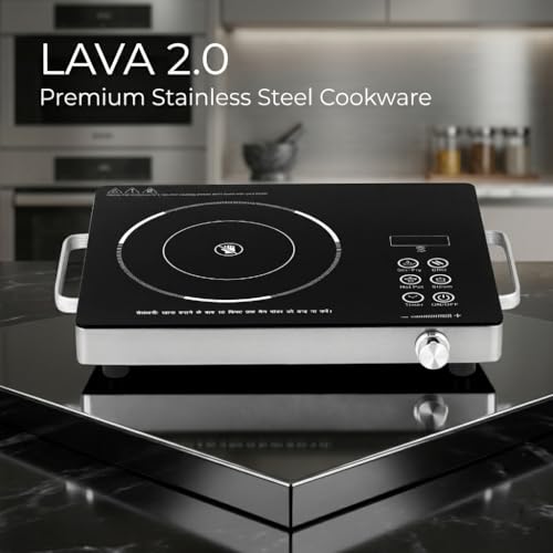 Image of Chakmak Lava Infrared Cooktop 2.0 | Touch Panel | Universal Cookware Compatible | Fast Heating Electric Cooktop | Crystal Glass Top | Timer & Preset Modes | Black & Silver (2200W)