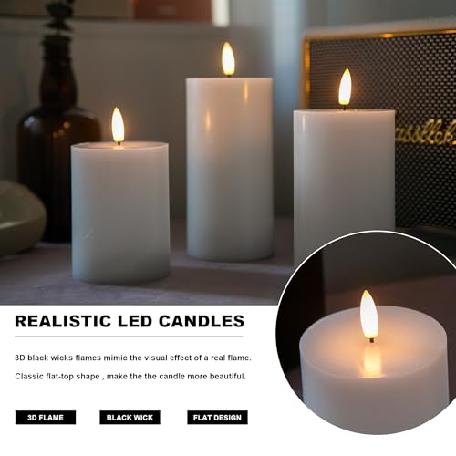 Image of White Flameless Pillar Candles, Battery Operated Wax Candles with Remote, Flat Top Flickering Flameless Candles, LED Candle for Home, Wedding, Party Decor, Set of 3, Φ 3 inch H 4 inch 5 inch 6 inch