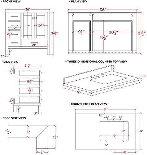 Ariel 37" Inch White Bathroom Vanity W/ 1.5" Edge Pure White Quartz Countertop & Backsplash | Right Rectangular Sink | 2 Soft Closing Doors & 5 Full Extension Dovetail Drawers | Satin Nickel Pulls #TOP2