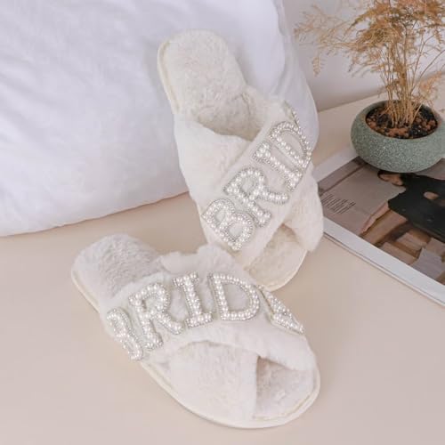 KEYUSHOP Bride Slippers for Wedding White Soft Women's Wedding Shoes Fuzzy Cross Band House Slippers Open Toe Bridal Shower Party 5
