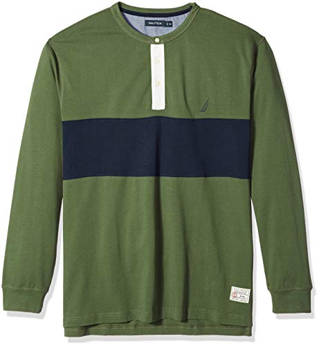 Nautica Men's Big Long Sleeve Woven Collar Blocked Henley Shirt, Pine Forest, 3XLT Tall