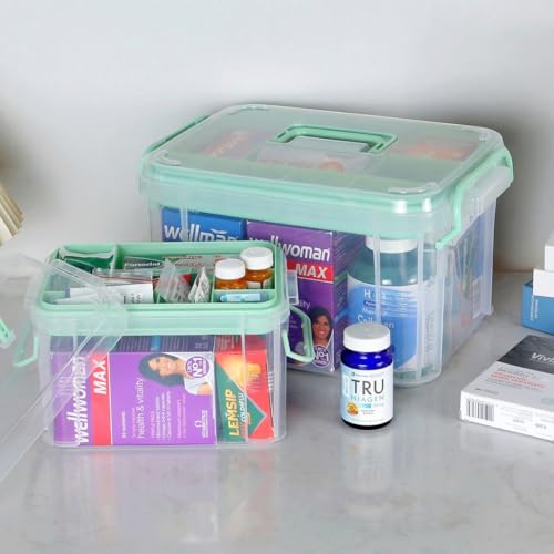 Image of HEY FOLY Set of 2 Medicine Organizer Storage Box with Tray, 15qt+5qt Green Plastic First Aid Box Empty, Thickened Medicine Container Chest, Multipurpose Medical Case with Labels, Green Medicine Caddy