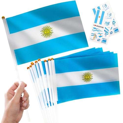 10 Piezas Banderas Pequeñas de Argentina con Palo & 2 Tatuajes, Mini Bandiera argentina de Mano con Varilla para Mundial Fútbol 2026 Fiesta Nacional Olimpiadas Desfile Decoración Adornos