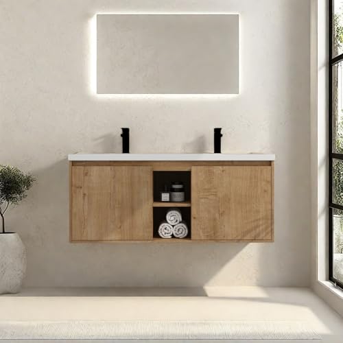 Image of Floating Bathroom Vanity, 48 inch Bathroom Storage Cabinet with Double Resin Sinks, 2 Soft-Close Doors & 2 Open Storage Shelves, Modern Wall-Mounted Vanity with 45 Bevel Handles, Oak